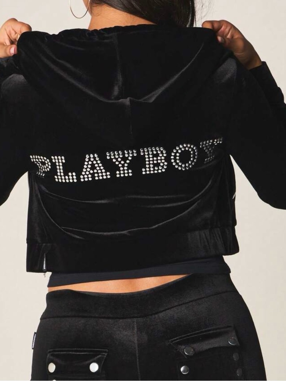 PLAYBOY Black Velvet Cropped Zip-Up Bomber Jacket